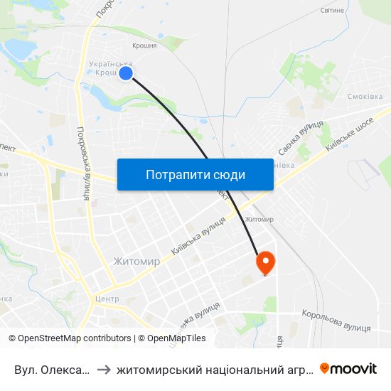 Вул. Олександра Олеся to житомирський національний агро екологічний університет map