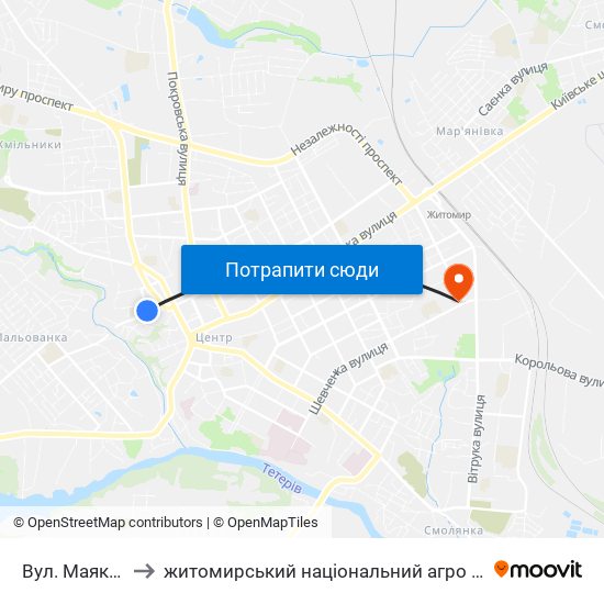 Вул. Маяковського to житомирський національний агро екологічний університет map