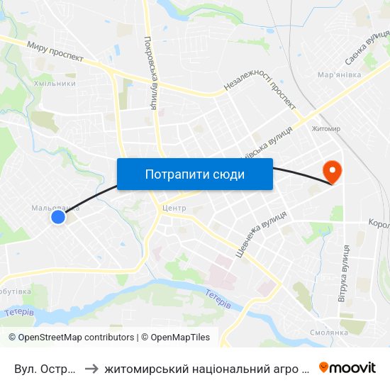 Вул. Островського to житомирський національний агро екологічний університет map
