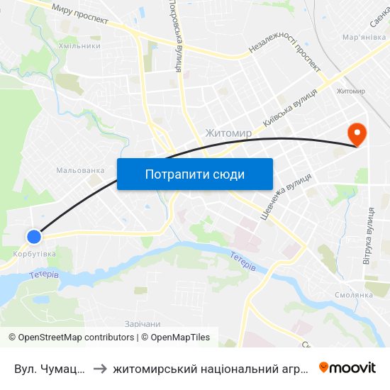 Вул. Чумацький Шлях to житомирський національний агро екологічний університет map