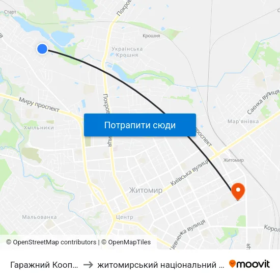 Гаражний Кооператив Аграрник to житомирський національний агро екологічний університет map
