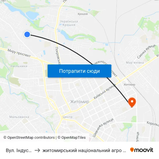 Вул. Індустріальна to житомирський національний агро екологічний університет map