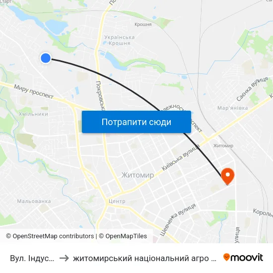 Вул. Індустріальна to житомирський національний агро екологічний університет map