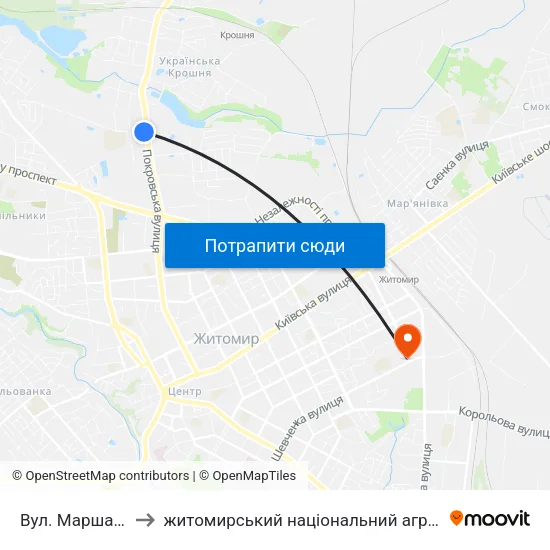 Вул. Маршала Рибалка to житомирський національний агро екологічний університет map