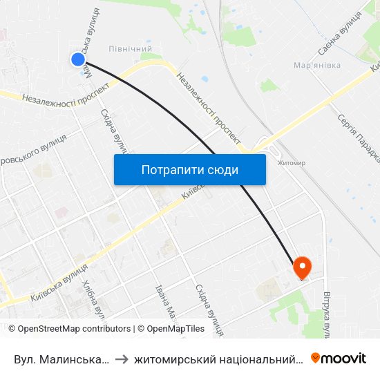 Вул. Малинська (Оптовий Ринок) to житомирський національний агро екологічний університет map