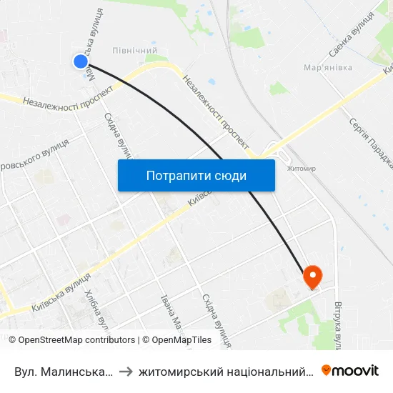 Вул. Малинська (Оптовий Ринок) to житомирський національний агро екологічний університет map