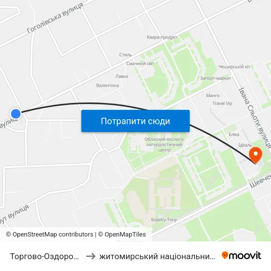 Торгово-Оздоровчий Центр Східний to житомирський національний агро екологічний університет map