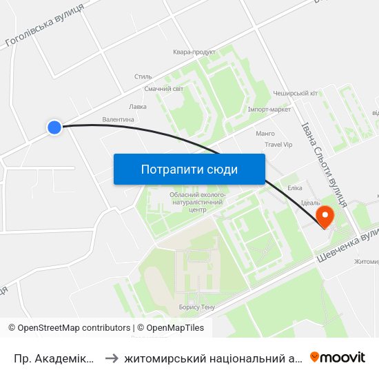 Пр. Академіка Тутковського to житомирський національний агро екологічний університет map