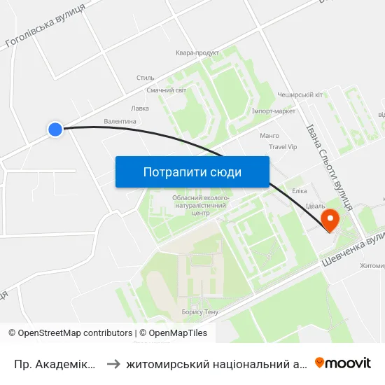 Пр. Академіка Тутковського to житомирський національний агро екологічний університет map