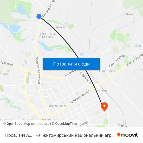 Пров. 1-Й Андріївський to житомирський національний агро екологічний університет map