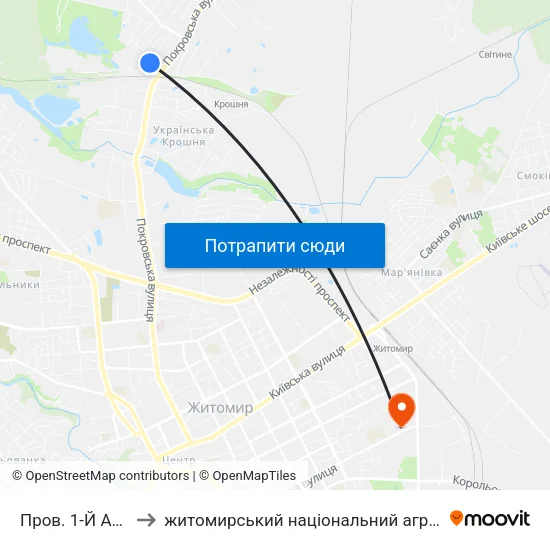 Пров. 1-Й Андріївський to житомирський національний агро екологічний університет map