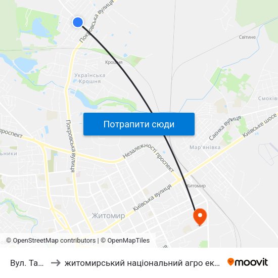 Вул. Танкістів to житомирський національний агро екологічний університет map