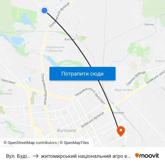 Вул. Будівельна to житомирський національний агро екологічний університет map