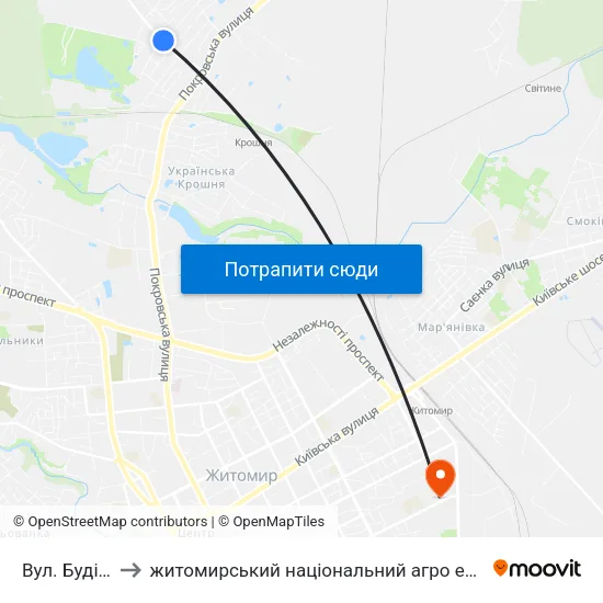 Вул. Будівельна to житомирський національний агро екологічний університет map