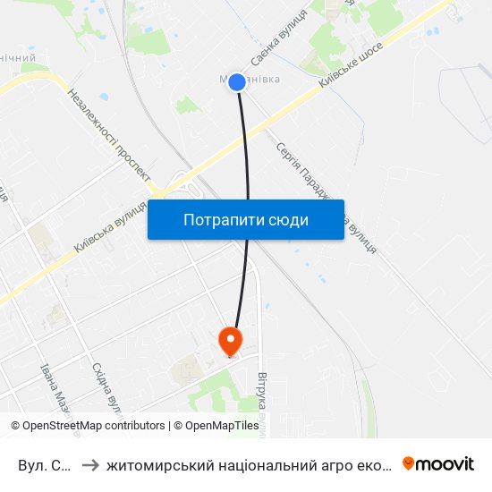 Вул. Саєнка to житомирський національний агро екологічний університет map