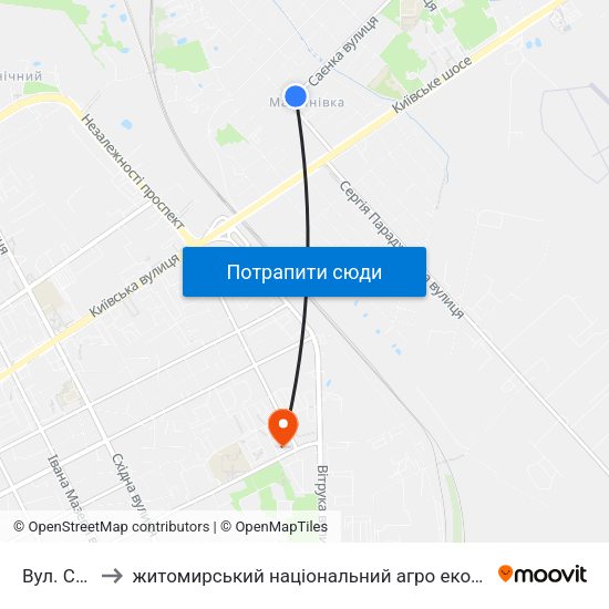 Вул. Саєнка to житомирський національний агро екологічний університет map