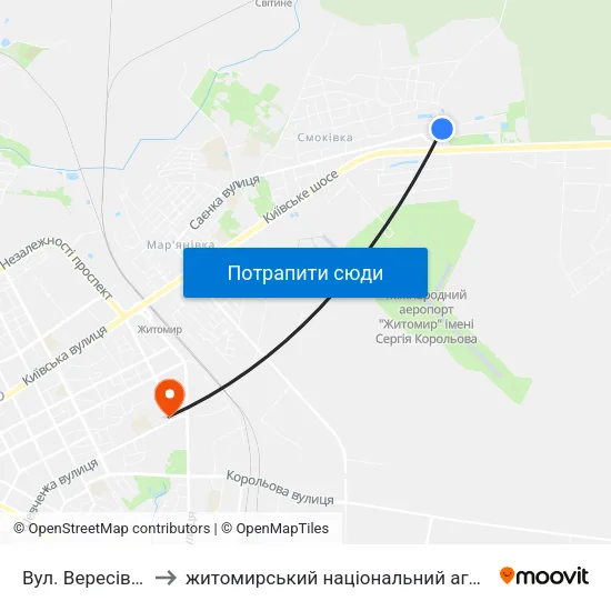 Вул. Вересівський Шлях to житомирський національний агро екологічний університет map
