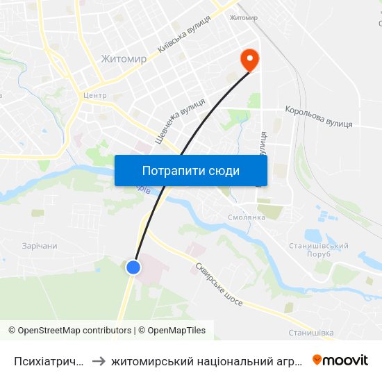 Психіатрична Лікарня to житомирський національний агро екологічний університет map