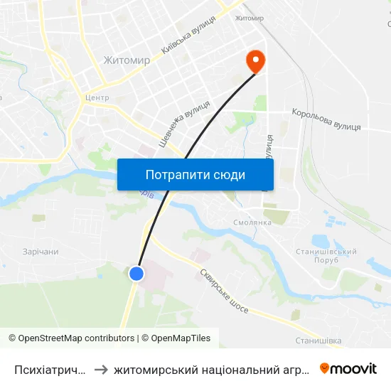Психіатрична Лікарня to житомирський національний агро екологічний університет map