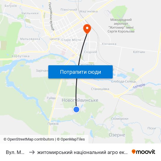 Вул. Моторна to житомирський національний агро екологічний університет map