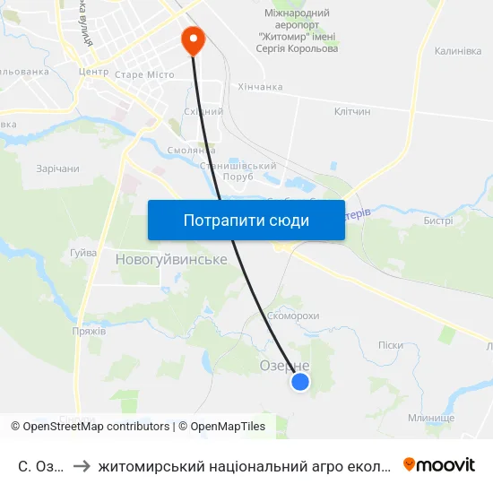 С. Озерне to житомирський національний агро екологічний університет map