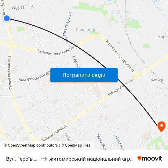 Вул. Героїв Чорнобиля to житомирський національний агро екологічний університет map