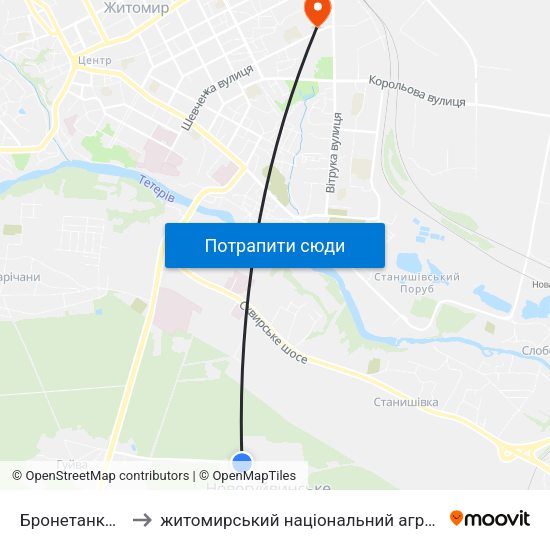 Бронетанковий Завод to житомирський національний агро екологічний університет map
