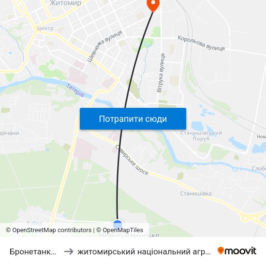 Бронетанковий Завод to житомирський національний агро екологічний університет map
