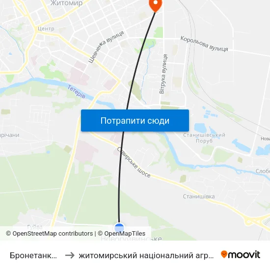 Бронетанковий Завод to житомирський національний агро екологічний університет map