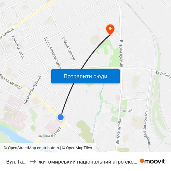 Вул. Гагаріна to житомирський національний агро екологічний університет map
