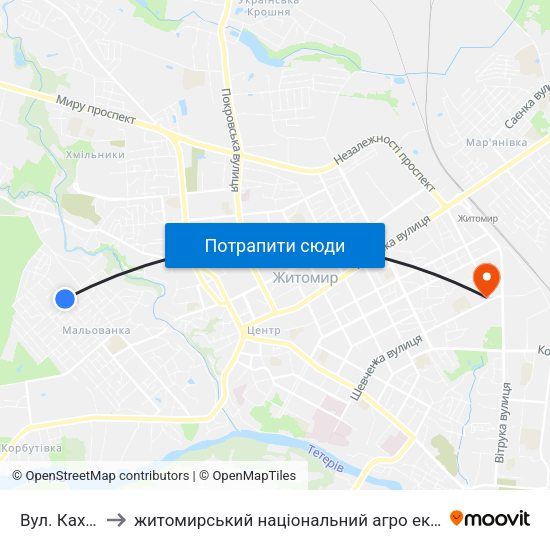 Вул. Каховська to житомирський національний агро екологічний університет map