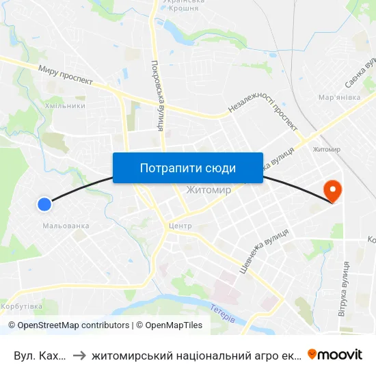 Вул. Каховська to житомирський національний агро екологічний університет map