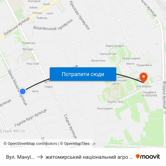 Вул. Мануїльського to житомирський національний агро екологічний університет map