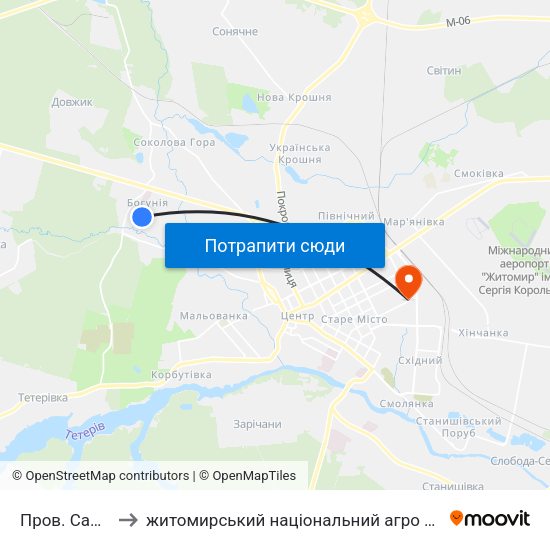 Пров. Санаторний to житомирський національний агро екологічний університет map