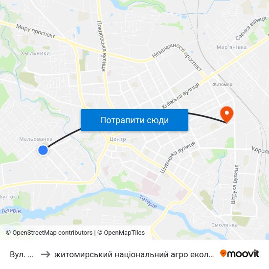 Вул. Якіра to житомирський національний агро екологічний університет map