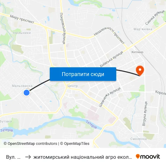 Вул. Якіра to житомирський національний агро екологічний університет map