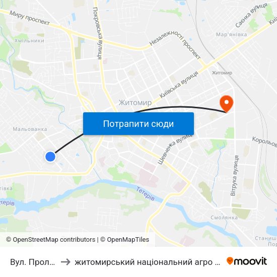 Вул. Пролетарська to житомирський національний агро екологічний університет map