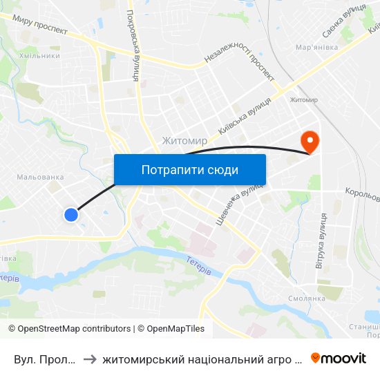 Вул. Пролетарська to житомирський національний агро екологічний університет map