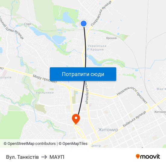 Вул. Танкістів to МАУП map