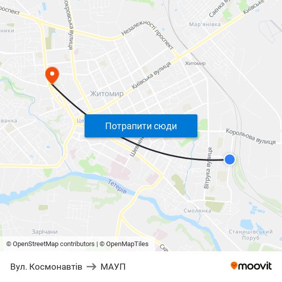 Вул. Космонавтів to МАУП map