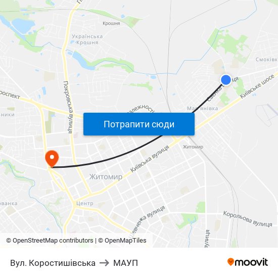 Вул. Коростишівська to МАУП map