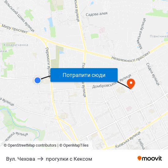 Вул. Чехова to прогулки с Кексом map