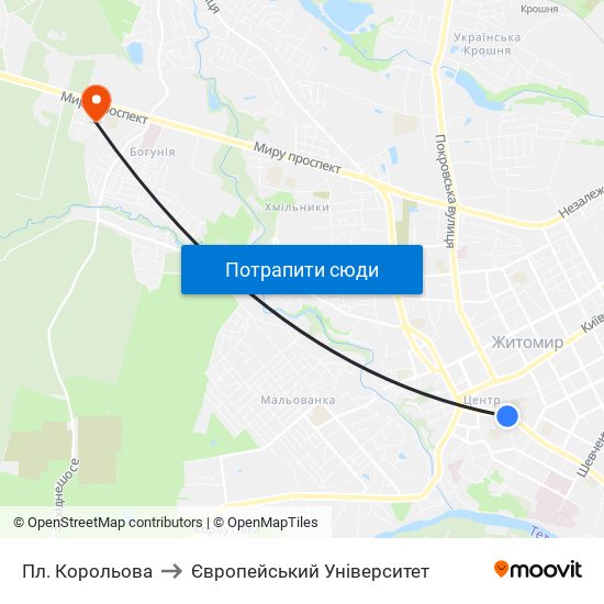 Пл. Корольова to Європейський Університет map