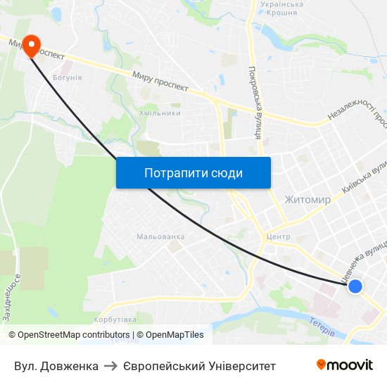 Вул. Довженка to Європейський Університет map