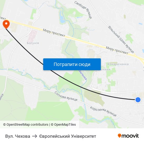 Вул. Чехова to Європейський Університет map