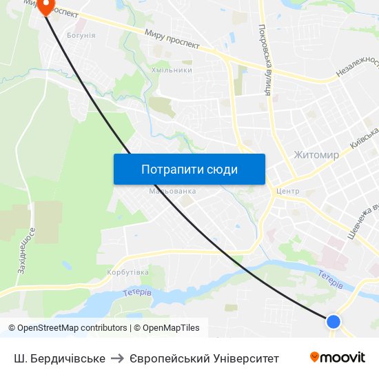 Ш. Бердичівське to Європейський Університет map