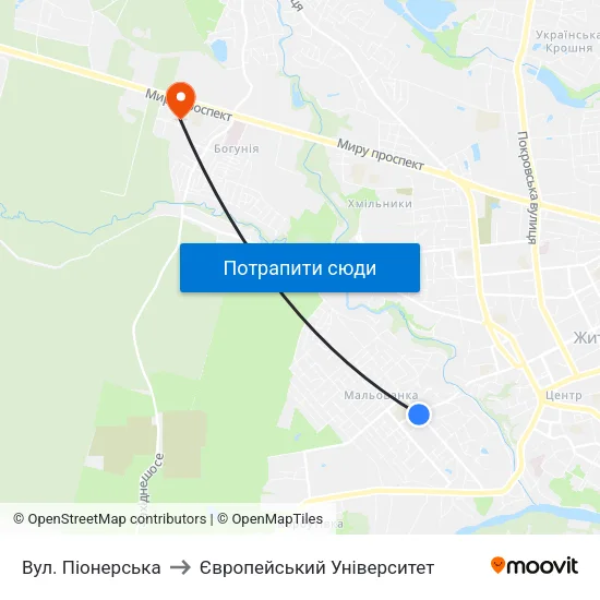 Вул. Піонерська to Європейський Університет map