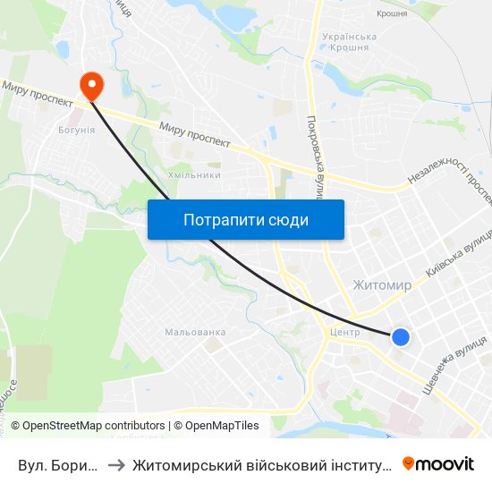 Вул. Бориса Тена to Житомирський військовий інститут ім. С.П.Корольова map