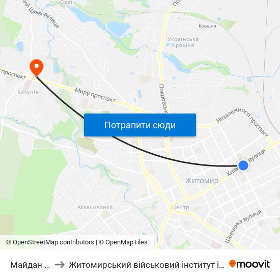 Майдан Згоди to Житомирський військовий інститут ім. С.П.Корольова map