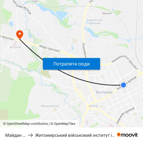 Майдан Згоди to Житомирський військовий інститут ім. С.П.Корольова map